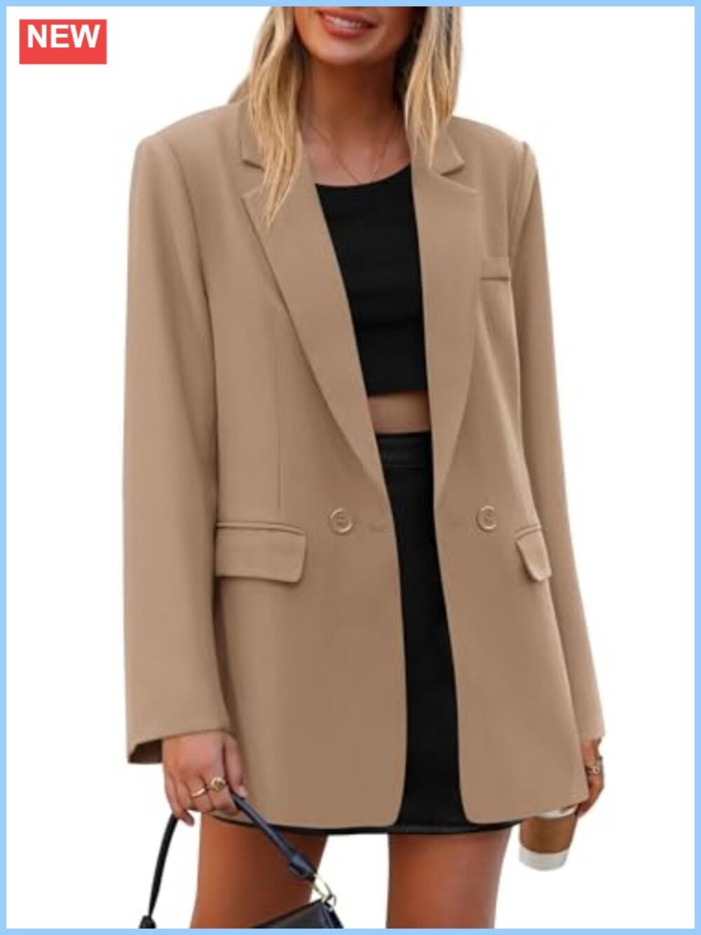 Oversized Double Breasted Blazer Women Business Casual Notch Lapel Flap Pockets